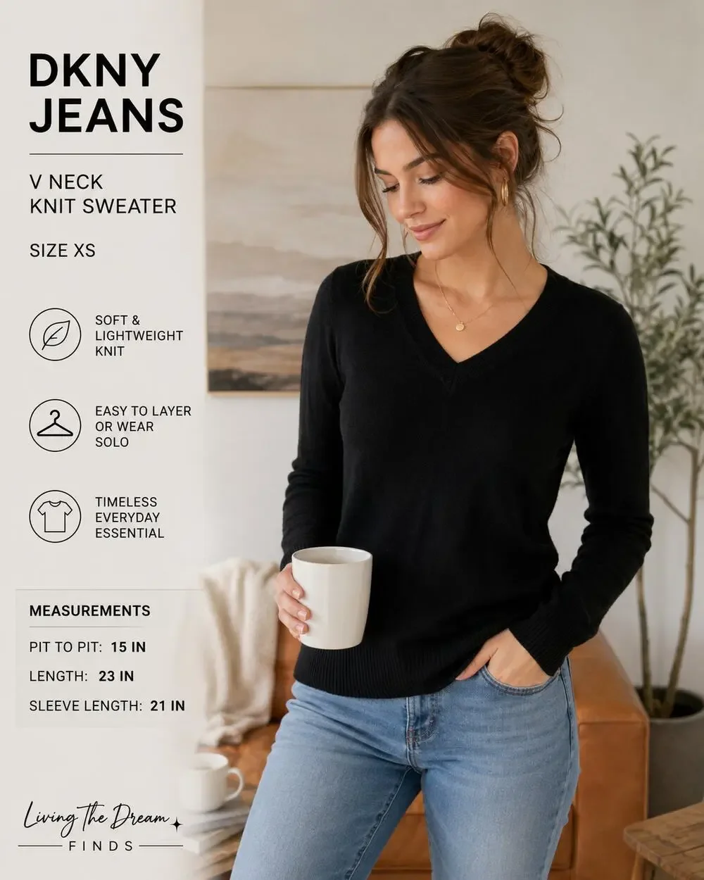 DKNY Jeans Women's Black V Neck Knit Sweater Long Sleeve XS
